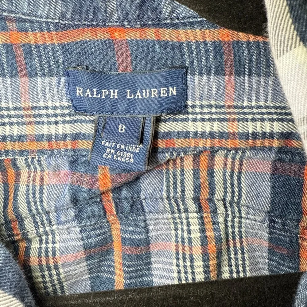 Ralph Lauren Girls ShirtDress 8 Blue with pink Plaid Pearl Snap Flannel Western